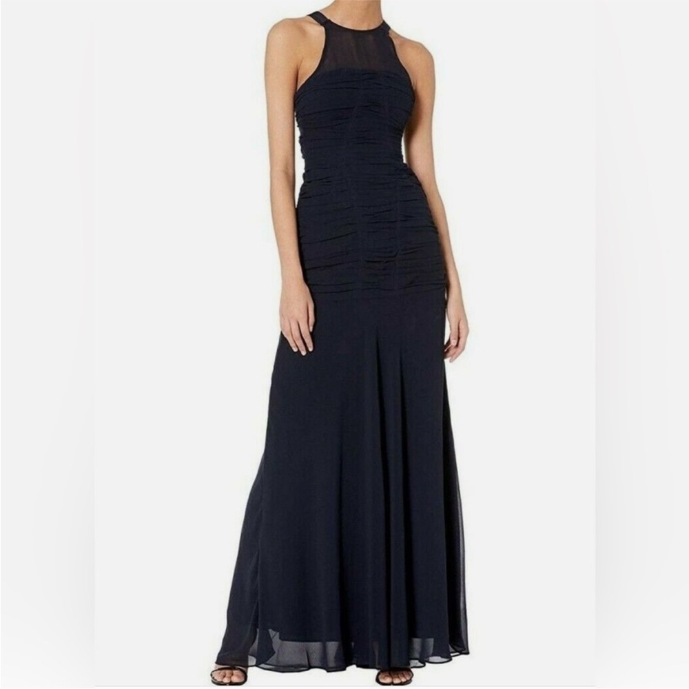 NWT HALSTON HERITAGE Sleeveless High Neck Fitted Ruching Dress Gown Navy 8